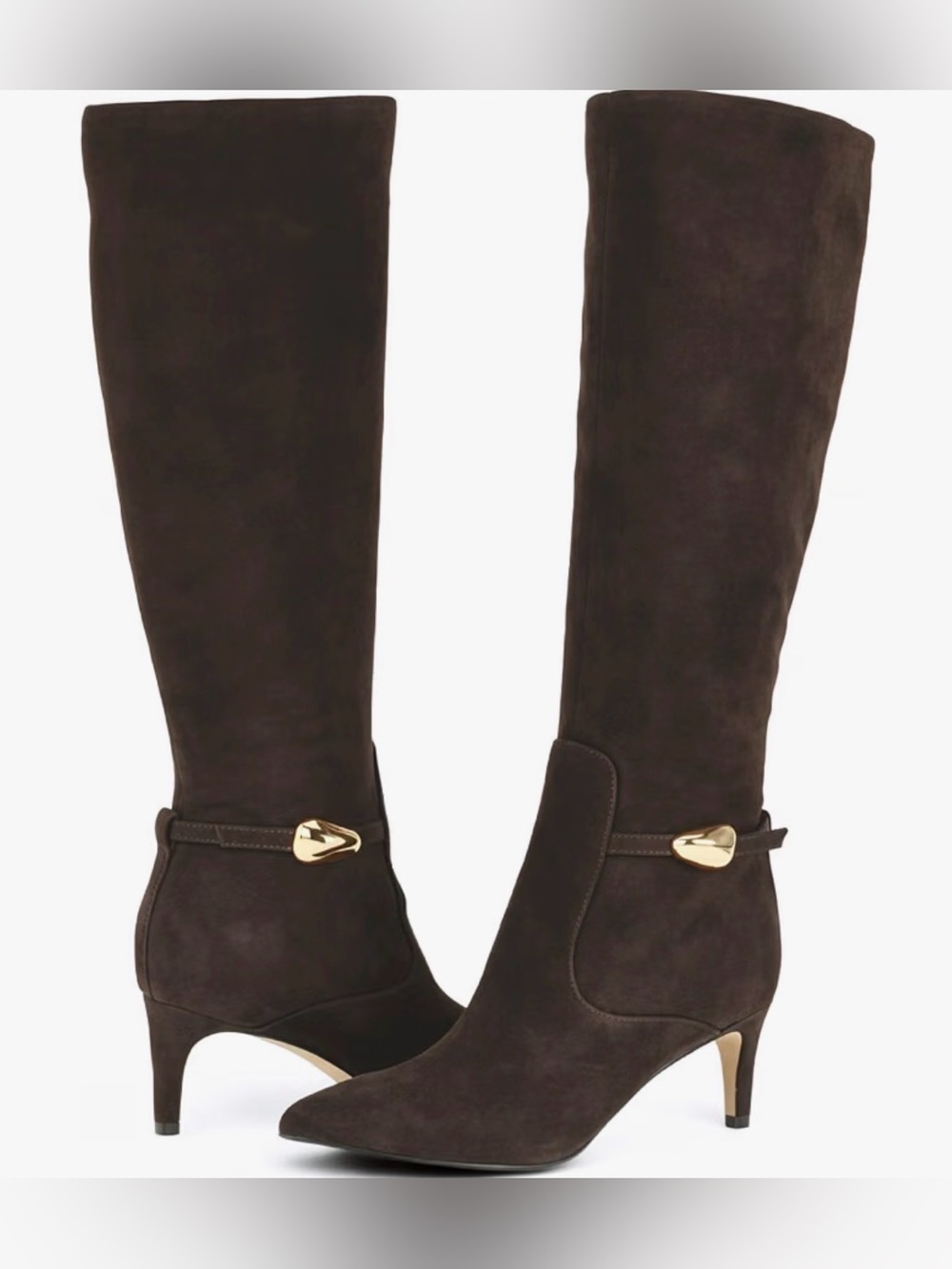 Dark Brown Suede Knee-High Kitten Heel Boots